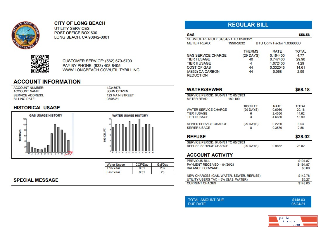 USA City of Long Beach utility bill template in Word and PDF format